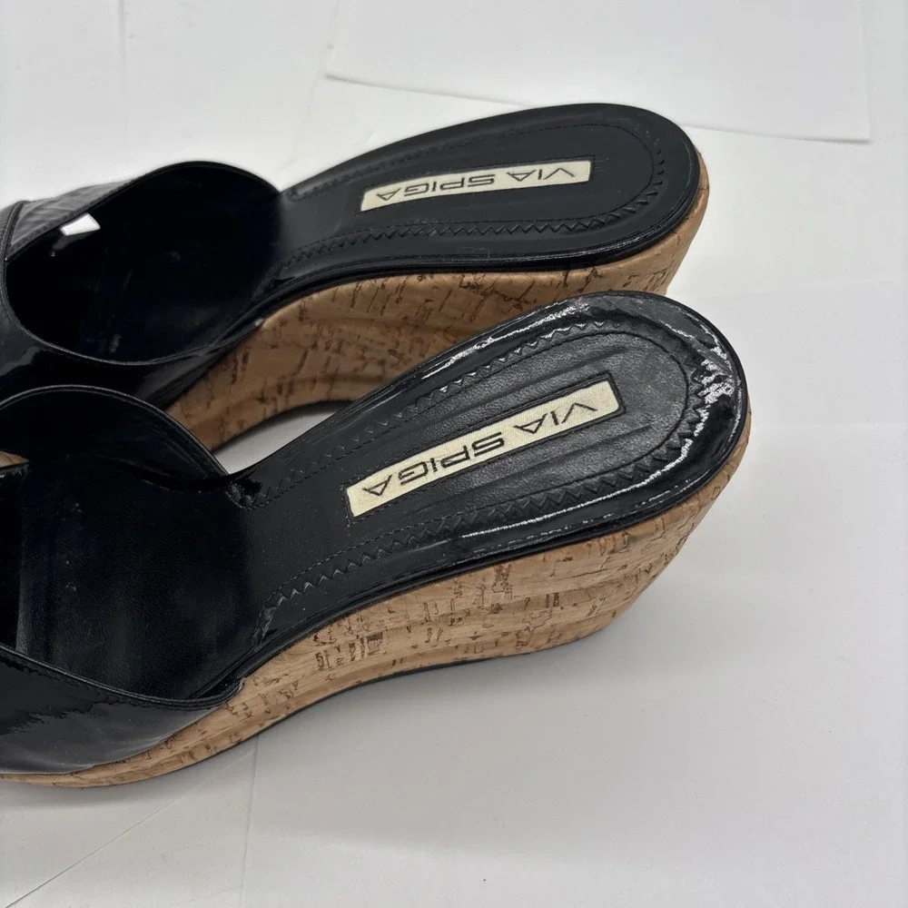 Via Spiga Black Patent Leather Espridalle  Peep Toe Sandal Wedges Women Size 8
